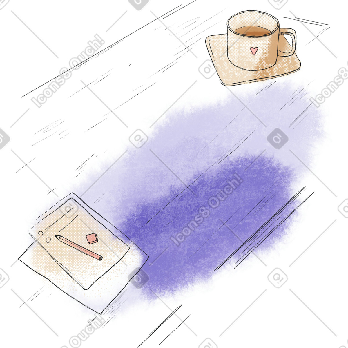 Table with papers and a mug of coffee illustration in Moments style download in PNG, SVG
