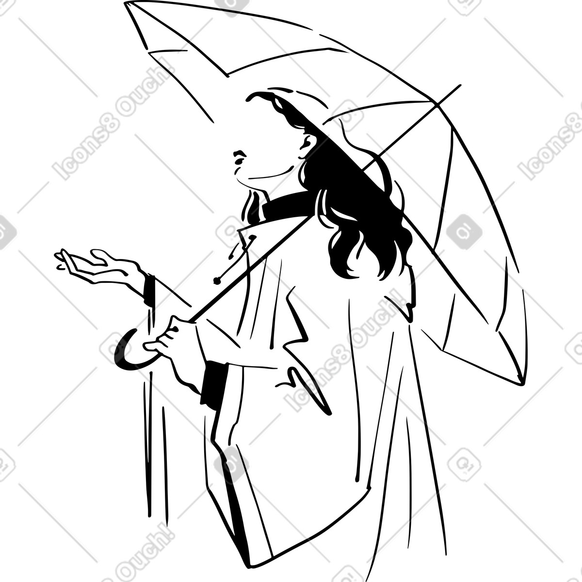 Junge frau unter einem regenschirm-Illustration im Line-Stil als Download in PNG, SVG