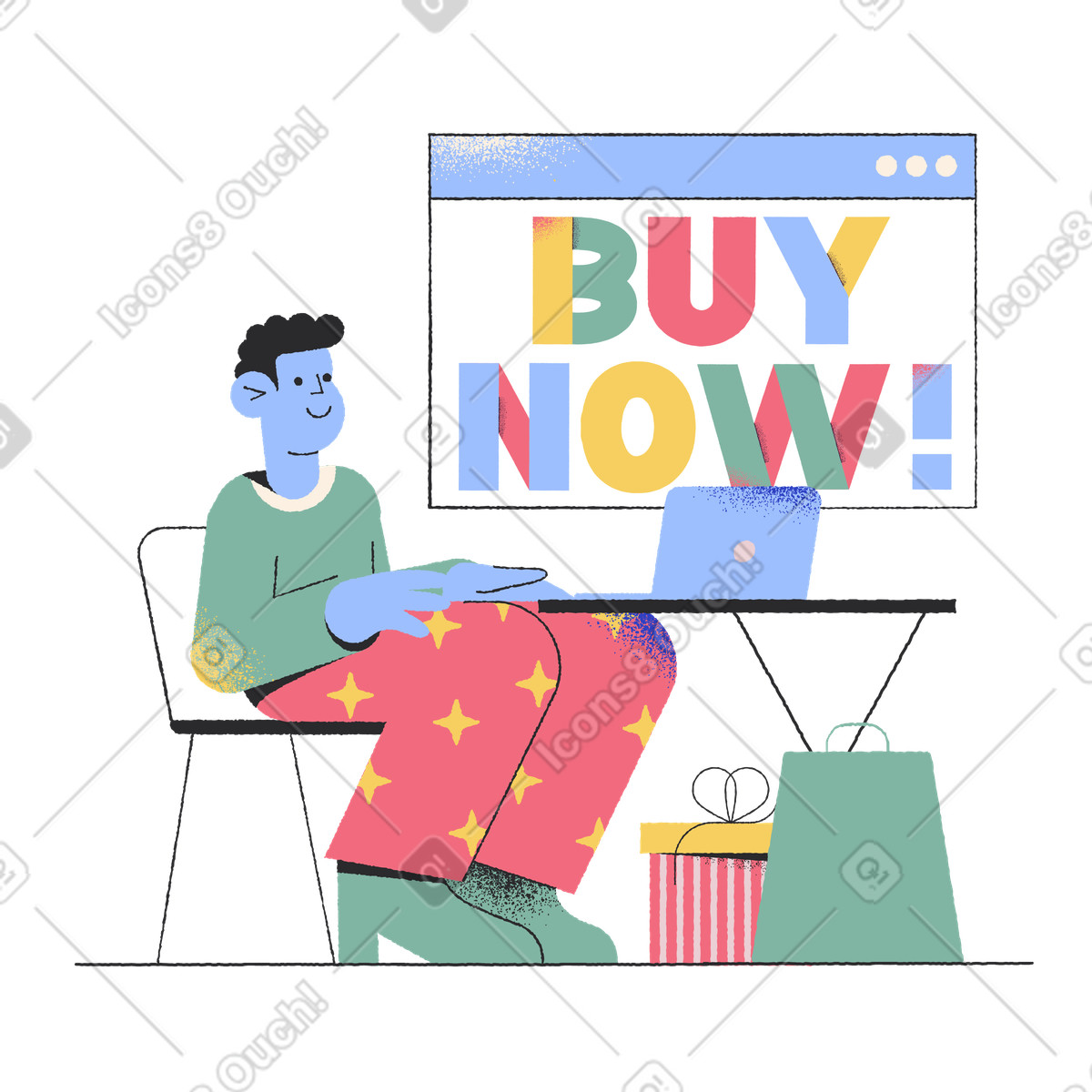 Lettering Buy Now! with a man ordering online illustration in Pablo style download in PNG, SVG