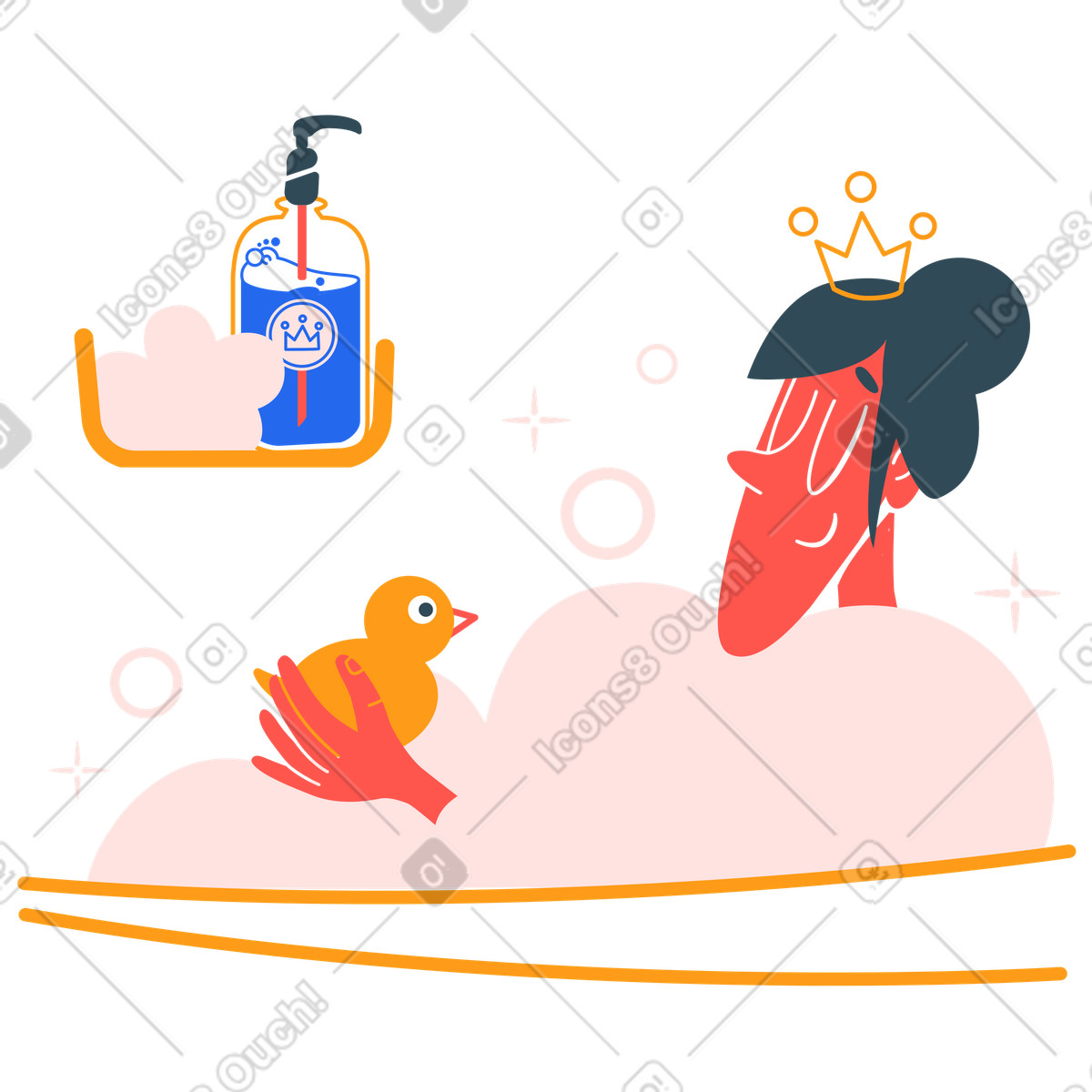 Ilustração de Bath time with bubbles and rubber duck, daily ritual for relaxation em no estilo Kingdom para baixar em PNG, SVG