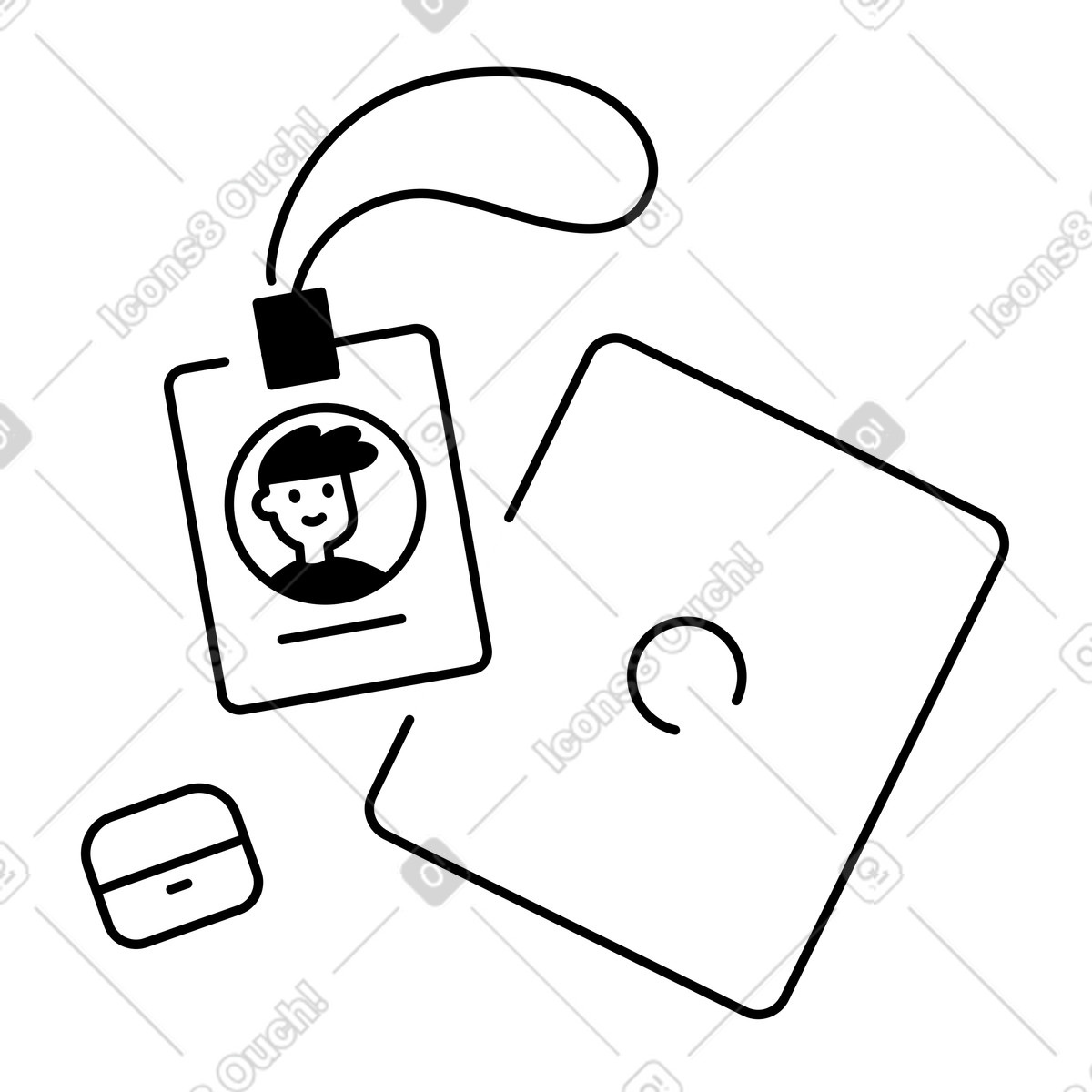 Иллюстрация Id badge lanyard and tablet with wireless earbuds workplace essentials в стиле Notion Line Art — скачать в форматах PNG, SVG