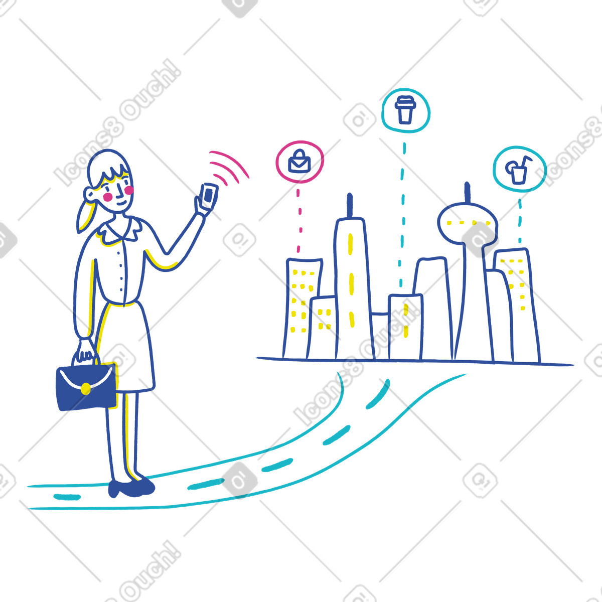 Ilustración Mujer usando tecnologías iot en la ciudad estilo Lime a descargar PNG y SVG
