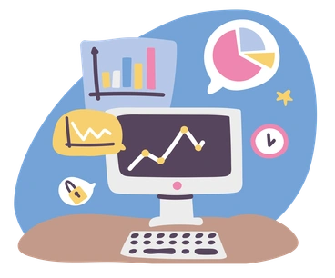A computer displaying graphs and charts - Pluto style illustration