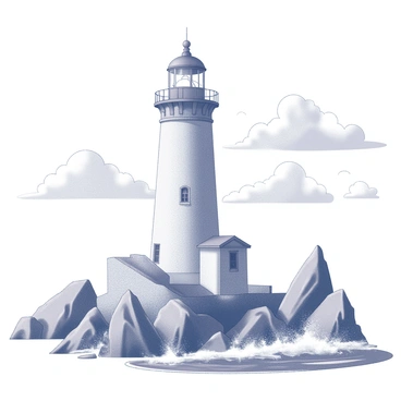 A classic lighthouse stands tall on a rocky coast. The lighthouse features a cylindrical shape with a large light at the top, surrounded by a railing. Its surface is textured, showing wear from the elements. Jagged rocks jut out from the shoreline, adding a sense of ruggedness to the scene. The sky is filled with various cloud formations, with hints of light and shadow casting a dramatic atmosphere. The ocean waves crash against the rocks, creating a sense of movement and energy in the scene.