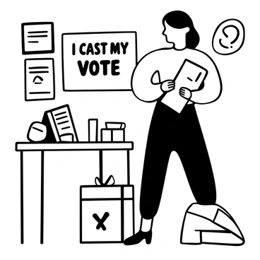 A young woman standing inside a polling station, confidently holding a ballot in her hands. She is wearing a vintage dress that reflects the style of the late 19th century. A wooden ballot box is positioned in front of her, with papers and voting materials scattered on a nearby table. Surrounding her are informational posters about voting rights. The atmosphere conveys a sense of determination and empowerment. "I cast my vote" is displayed prominently on the wall behind her.