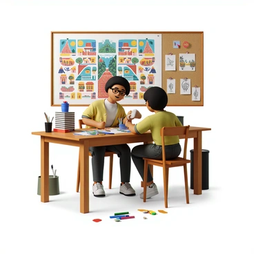 An illustrator with medium skin and curly hair is sitting at a large wooden table, focused on crafting a vibrant poster. The table is cluttered with colorful markers, paints, and art supplies. The poster features bold typography and various illustrations representing cultural elements, such as traditional patterns and iconic landmarks from Bury. The background shows a bright and inviting workspace, with sketches pinned to a corkboard and paint splatters on the floor.