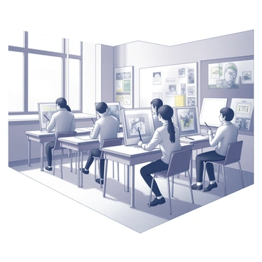 A classroom filled with easels, each occupied by students focused on their drawing projects. The students are engaged, holding various drawing tools while creating their artwork. The walls are adorned with "colorful posters" showcasing art techniques and famous artworks. The room has ample natural light streaming through large windows, illuminating the workspace. Each easel displays different artistic styles, contributing to the lively atmosphere of the classroom.