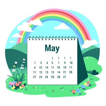 A white May calendar page is displayed prominently at the center of the image, with the date clearly marked in bold black numbers. Above the calendar, a vibrant rainbow arches gracefully across the sky. Below the rainbow, a lush green landscape unfolds, glistening as if freshly washed by rain. The ground is dotted with colorful wildflowers in various shades, and a few raindrops cling to the petals, reflecting the rainbow's colors. In the distance, gentle hills rise under a bright blue sky, creating a serene backdrop to the scene.