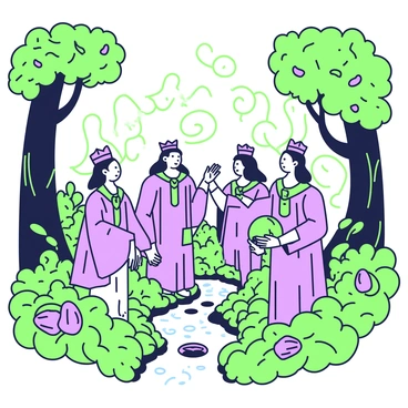A dense forest is filled with towering trees and vibrant vegetation. In the center of the scene, a group of cacao gods or spirits is surrounded by swirling mist. Each spirit is depicted with flowing robes adorned with intricate designs, and they have serene expressions. One spirit holds a large cacao pod, while another gestures towards a shimmering stream that flows beside them. The ground is covered in rich foliage, and small cacao trees can be seen in the background, adding to the atmosphere of the mythical setting.