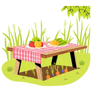 A rustic wooden dining table with a weathered finish is set in an lush garden. The table is adorned with a checkered tablecloth in red and white. On the table, there are plates filled with fresh vegetables such as bright red tomatoes, leafy green lettuce, and vibrant yellow peppers. Surrounding the table, there are rows of flourishing vegetable plants, including tall green stalks of corn and clusters of colorful carrots peeking out from the soil. A gentle breeze rustles the leaves of nearby trees, and sunlight casts dappled shadows across the scene, creating a warm and inviting atmosphere for an outdoor meal.