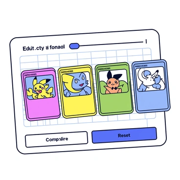 A digital interface featuring a Pokémon card size simulator. The simulator displays multiple Pokémon cards side by side, each with colorful illustrations of various Pokémon. The cards have distinct borders, and the text on each card highlights the Pokémon's name and type. Users can interact with the interface via buttons labeled "Compare" and "Reset" at the bottom, and a slider to adjust the card sizes appears at the top. The background of the interface is a simple grid pattern, emphasizing the cards.