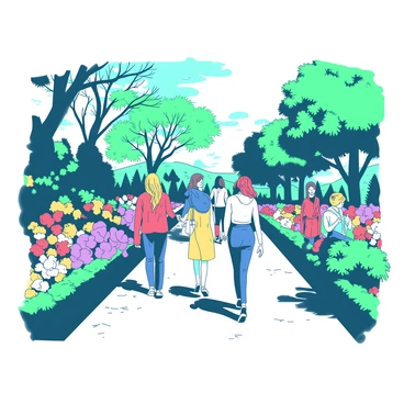 A group of people are strolling along a pathway in a garden promenade. The pathway is lined with manicured hedges on either side, creating a neat border. Various blooming flowers in vibrant colors are scattered throughout the garden, adding splashes of color to the landscape. Some individuals are engaged in conversation, while others are admiring the flowers. Sunlight filters through the leaves of the trees, casting gentle shadows on the ground.