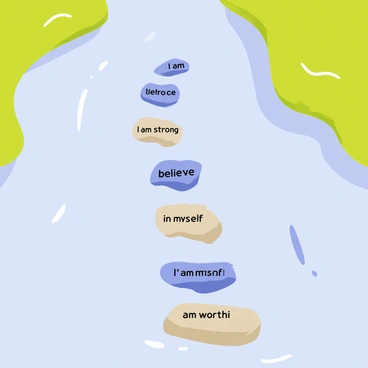 A serene river flows gently, with vibrant green banks on either side. In the middle of the river, there are stepping stones arranged in a line, each stone featuring a different positive affirmation. The stones vary in size and shape, with smooth surfaces and bold lettering. Some affirmations include "I am strong," "I believe in myself," and "I am worthy," clearly visible on the stones. The water glistens in the sunlight as it ripples around the stones, creating a peaceful atmosphere. Small pebbles can be seen under the clear water, adding texture to the scene.