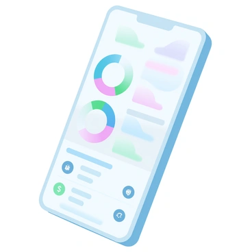 A budgeting app interface is displayed on a smartphone screen. The screen is filled with colorful pie charts representing various categories of spending, such as groceries, entertainment, and transportation. Each category is represented by a different gradient pastel color, making the information visually appealing. Below the pie charts, there are labeled sections for recent transactions, with icons representing different expenditures. The background of the smartphone screen is a soft gradient that complements the vibrant colors of the charts and categories.