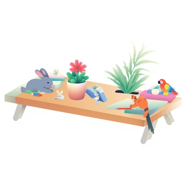 A wooden work desk is covered with an assortment of various plants and animals. In the center, there is a small potted succulent with thick, green leaves. Next to it, a vibrant red flower in a ceramic pot adds a splash of color. A delicate fern with slender fronds is positioned on the edge of the desk. Scattered around the plants, there are small figurines of animals: a gray rabbit with big ears, a colorful parrot perched on a stack of books, and a playful orange kitten playing with a pencil. The surface of the desk is slightly cluttered, creating a lively and natural atmosphere.