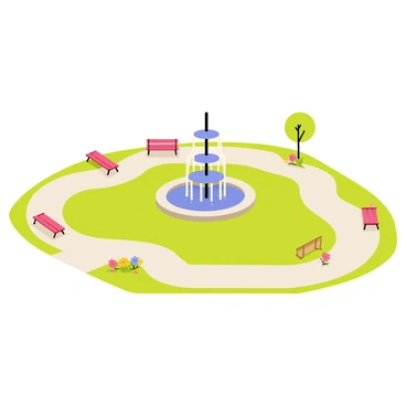 A flat 3D urban park scene featuring neatly paved walking paths winding through the area. There are several wooden benches positioned along the paths, inviting visitors to sit and relax. A large, decorative fountain with water gently cascading from multiple tiers is situated at the center of the park. Lush green grass surrounds the fountain, and a few small trees are scattered throughout the scene, providing shade. Bright flowers add color near the pathways, creating a vibrant and inviting atmosphere.