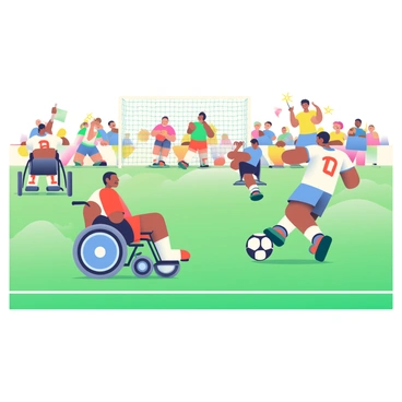 A soccer match is occurring on a bright green field. Several athletes in wheelchairs are showcased, displaying determination and skill as they compete. Each athlete has a unique wheelchair design, with some featuring bright colors like blue and red. The players are wearing vibrant jerseys, with numbers on their backs, and shorts. One athlete is dribbling a black and white soccer ball with precision, while another is positioned for a strategic pass. Spectators can be seen in the background, animatedly cheering and waving flags. The sun is shining, creating a lively atmosphere around the exciting match.
