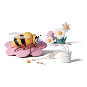 A bee, with vibrant yellow and black stripes, is perched on a bright pink flower. The bee is wearing tiny goggles and is intently focused on a small, intricate device made of delicate materials laid out before it. The device is designed with multiple flexible tubes and a small container, showcasing its innovative mechanism for collecting nectar. The flower's petals are slightly open, revealing droplets of nectar. In the background, there are more flowers in various colors, creating a lively and productive atmosphere.