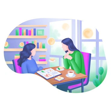 A cozy café with warm, inviting lighting. Two friends are sitting at a small wooden table, engaged in a lively discussion. One friend has curly hair and wears a blue sweater, while the other has straight hair and is dressed in a green cardigan. On the table between them is an open book with visible text and illustrations. Each friend has a cup of steaming tea in front of them, alongside a small plate with scones and a set of colorful napkins. The background features shelves filled with books and a window with a view of trees outside.