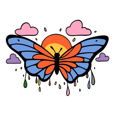 A pair of giant butterfly wings with vibrant colors spread open against a sunset sky. The wings are adorned with intricate patterns in shades of blue, orange, and pink. Splashes of paint in various colors are dripping off the wings, creating a dynamic effect. The background features a gradient sunset with hues of orange, purple, and soft yellow blending together. Fluffy clouds can be seen scattered throughout the sky, enhancing the warm atmosphere.