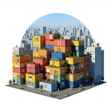 A cityscape featuring a vibrant arrangement of stacked shipping containers that serve as buildings. The containers are painted in a variety of bright colors, including red, blue, yellow, and green. They are arranged in a chaotic yet structured manner, creating multi-level structures with balconies and walkways connecting different levels. There are small plants and urban art displayed on some containers, adding to the lively atmosphere. The skyline is visible in the background, with a clear blue sky above. The ground is bustling with people walking and cycling among the container buildings.