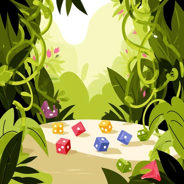 A collection of colorful dice scattered among lush green vines and thick foliage in a dense jungle. The dice are various colors, including red, blue, yellow, and green, contrasting against the deep greens of the leaves. Sunlight filters through the canopy, creating dappled light on the ground where the dice lay. The vines twist and curl around the dice, adding a sense of wildness to the scene. In the background, hints of exotic flowers peek through the dense jungle vegetation, enhancing the vibrant atmosphere.