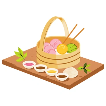 A bamboo steamer basket positioned on a wooden table. The basket is open, revealing an assortment of colorful dim sum, including pink shrimp dumplings, yellow egg tarts, and green vegetable buns. The table surface has a smooth, polished appearance. Small plates with dipping sauces are placed around the basket, adding to the visual richness of the scene. Fresh herbs and a pair of chopsticks are also positioned nearby for added detail.
