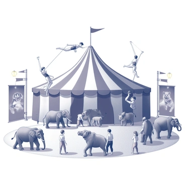 A lively circus scene unfolds under a large striped tent. Several acrobats are performing high above the ground, twisting and flipping in mid-air, their bodies in dynamic poses. Below them, trained animals such as elephants and lions are positioned, showcasing their skills as they interact with the performers. The ground is adorned with colorful patterns and scattered props, creating an atmosphere of excitement. Children in the audience are gazing up with awe, their faces filled with wonder. Brightly lit lanterns hang from the tent's rafters, adding to the energetic ambiance of the scene. Giant posters of various circus acts are displayed around the tent, capturing attention with their dramatic designs.