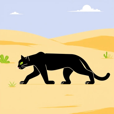 A black panther with sleek fur is crawling low over the golden sands of a vast desert. The panther's intense green eyes are focused ahead as it moves stealthily, leaving faint paw prints in the sand. The sun casts long shadows, highlighting the smooth curves of the dunes in the background. Sparse vegetation, such as small cacti and occasional tufts of dry grass, dot the landscape, contrasting with the golden hues of the sand. The sky above is a clear blue, with a few wispy clouds drifting lazily.