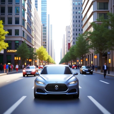 A sleek luxury sedan driving down a bustling city avenue