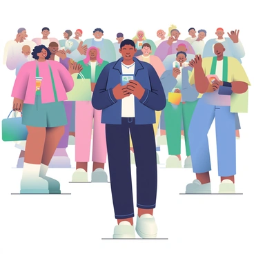 A person with light brown skin is standing in the center of a bustling crowd. They are wearing a dark blue jacket and black jeans. Their gaze is fixed intently on a smartphone in their hands, which has a bright screen displaying notifications. Around them, numerous people with varying skin tones are engaged in conversation, laughing, and interacting with each other. Some individuals are holding shopping bags, while others are absorbed in their own phones. The crowd creates a vibrant backdrop, but the person remains visually isolated due to their focused expression and body language.