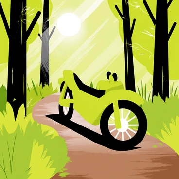 A green Kawasaki bike with shiny chrome details is navigating through a dense forest path. The path is narrow and lined with rich, dark brown soil, surrounded by tall trees with thick trunks and vibrant green leaves. Sunlight filters through the foliage, creating dappled patterns on the ground. Various shades of green bushes and ferns fill the underbrush, adding to the lushness of the scene. The bike is tilted slightly as it maneuvers around a bend in the path.
