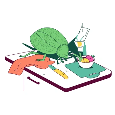 A large green bug with intricate patterns on its shell is curiously examining various household items on a white kitchen counter. The counter has a shiny surface reflecting the light, and there are a few kitchen utensils scattered around, including a yellow knife and a teal cutting board. Next to the bug, a small white bowl contains colorful fruits, while a vibrant orange dish towel hangs over the edge of the counter. The bug is leaning towards the items, with its antennae extended, showing its interest in the surroundings.