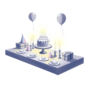 A table set for a birthday party. The table is adorned with a colorful tablecloth and is covered in an assortment of party decorations. In the center, a large cake sits on a decorative stand, topped with "Happy Birthday" written in icing. Surrounding the cake, several plates with slices of cake are arranged alongside colorful party hats. The table is illuminated by the warm glow of candlelight from multiple candles placed strategically around the arrangement. Balloons float above the table, and a small stack of gift boxes is positioned at one end.