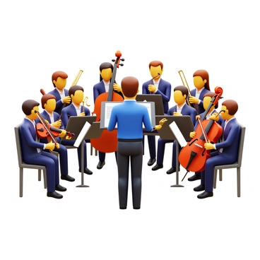 A symphony orchestra with a diverse group of musicians. Each musician is attentively focused on their sheet music. The orchestra includes string instruments such as violins and cellos, brass instruments like trumpets and trombones, and woodwinds including flutes and clarinets. The musicians are dressed in formal concert attire. The conductor stands at the front, guiding the performance with a baton. The scene captures the energy and concentration of the musicians as they play together harmoniously.
