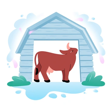 A two-headed calf is standing in the entrance of a barn, with its bodies looking out into the rain. The barn is made of wood, showcasing weathered textures. The sky is filled with soft, gray clouds releasing a gentle rain, creating a tranquil atmosphere. Outside the barn, puddles of water are forming on the ground, mirroring the overcast sky. The grass around the barn is lush and green, reflecting the moisture from the rainfall. The scene conveys a sense of quietude and nature's beauty.