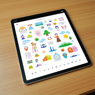A digital sketchbook app displayed on a tablet screen. The screen shows a variety of colorful illustrations and doodles, including whimsical characters, abstract shapes, and vibrant landscapes. The sketchbook features a clean interface, with tools for drawing and coloring visible at the bottom. The background of the tablet is a wooden table surface, enhancing the artistic feel of the scene.