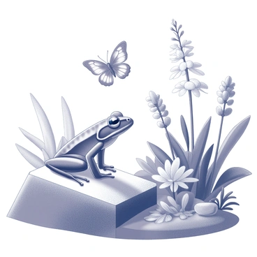 A frog is perched on a smooth stone at the edge of a garden. The frog is wide-eyed and attentive, focusing on a butterfly that is gracefully fluttering nearby. The butterfly has intricate patterns on its wings, and it hovers lightly above a cluster of blooming flowers. The garden is filled with various plants, some tall and leafy, creating a lush environment. Sunlight filters through the leaves, casting soft shadows on the ground.