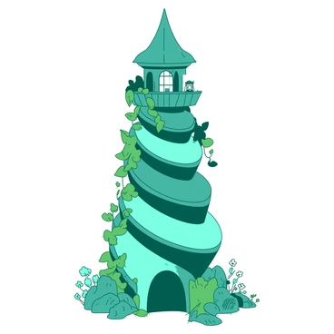 A teal fairy tale tower is constructed from intricately stacked châtaignes, resembling a whimsical structure. The tower features an elegant, spiraling design, with each châtaigne seamlessly fitting into the next. Green vines are climbing up the sides of the tower, wrapping around the châtaignes and adding a touch of nature to the scene. At the top of the tower, there is a small wooden platform with a lantern casting a soft glow. The surrounding area is dotted with small flowers in vibrant colors, enhancing the enchanting atmosphere.