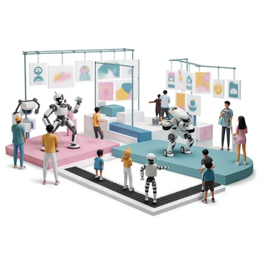 A vibrant robotics exposition featuring various robots engaged in tasks and demonstrations. In one section, a humanoid robot is performing intricate dance moves on a stage, showcasing its agility and precision. Nearby, an industrial robot is assembling parts on a conveyor belt, with mechanical arms moving swiftly and accurately. Another area displays robotic arms painting on canvases, with vibrant colors blending together. Attendees are gathered around, observing the robots intently, with some taking notes and others capturing photos. Banners advertising the latest robotics innovations hang overhead, adding to the energetic atmosphere.