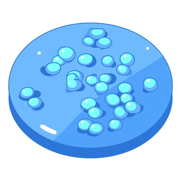 A blue surface is covered with several small, shiny beads of liquid mercury. Each bead is perfectly round and reflective, showcasing a bright, metallic sheen. The beads are clustered closely together, demonstrating strong cohesive forces as they form an intricate pattern on the surface. Some beads are slightly larger than others, creating a visually dynamic arrangement. A few of the smaller beads are in contact with the larger ones, showcasing the smooth, seamless transition between them. The overall scene captures the unique behavior of the liquid mercury in a scientific context.