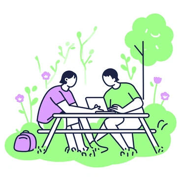 A person sitting at a picnic table in a park, typing on a laptop with nature around.