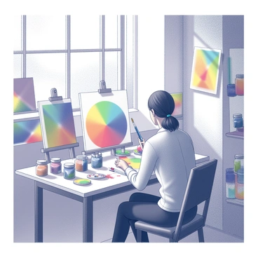 An artist is seated at a worktable in a sunlit studio. The artist has medium-length hair tied back and is focused on painting. Canvases of various sizes are displayed around the room, leaning against the walls or propped up on easels. Numerous jars and containers filled with a variety of colorful paints are scattered across the table and shelves. Sunlight streams through large windows, casting shadows and illuminating the vibrant hues of the paint. Brushes of different sizes are arranged neatly, and a small palette lies beside the artist, displaying a mix of colors ready for use.