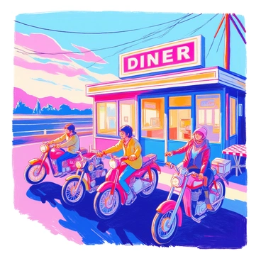 A group of three friends on motorcycles is parked outside a roadside diner. The motorcycles are of different styles, one is a classic cruiser, another an adventure bike, and the last is a sporty model. The diner, with its retro signage, has large windows that reflect the soft morning light. The friends, dressed in casual riding gear, are dismounting and stretching. In the background, the sky features hues of pink and orange as dawn breaks, casting a warm glow over the scene. There is a small outdoor table with a checkered tablecloth set up next to the diner, ready for breakfast.