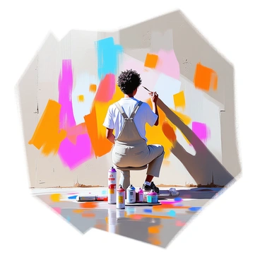 A street artist with short, curly hair is painting a vibrant mural on a large concrete wall. The artist is wearing overalls and has splashes of paint on their hands and face. The mural features a blend of bright colors, with abstract shapes and bold lines taking form. Nearby, a collection of spray cans in various colors is scattered on the ground, and the sun casts shadows, highlighting the dynamic movement of the artist as they work on the mural.