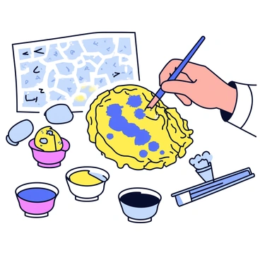 A close-up image of an artist's hand holding a small paintbrush, skillfully applying vibrant colors to a large, textured shell. The shell has intricate natural patterns, and the artist is painting delicate designs in shades of blue and gold. Surrounding the shell are small pots of paint and brushes. The background shows a softly blurred workspace filled with art supplies.