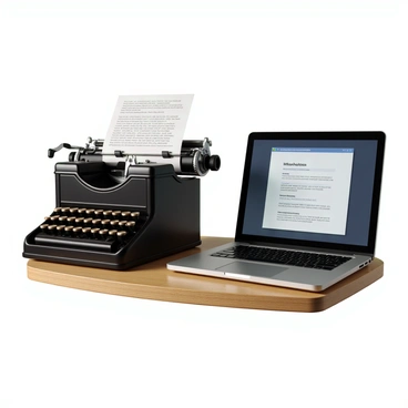 A vintage typewriter with an ornate design, featuring round keys and a glossy black finish, is positioned next to a sleek, modern laptop with a metallic silver exterior. The typewriter has a sheet of paper inserted, displaying some typed text, while its keys are visibly pressed down. The laptop's screen is illuminated, showing an open document with active cursor movements. Both devices are placed on a wooden desk, creating a contrast between the retro and contemporary technology.