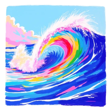 A giant ocean wave is depicted crashing toward the shore. The wave is massive, with a powerful curl at its crest. Colors flow through the wave, creating a vibrant spectrum that resembles a rainbow, blending shades of red, orange, yellow, green, blue, and purple. The foam at the top of the wave is white and frothy, contrasting against the colorful water. In the background, hints of a clear sky can be seen, providing a bright backdrop to this dynamic scene.