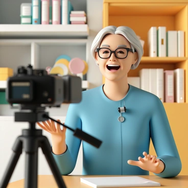 A professional video camera is positioned on a tripod, facing a client seated in a cozy office environment. The client, a middle-aged woman wearing a blue blouse and glasses, is excitedly sharing her positive experience with a smile on her face. She gestures with her hands as she speaks. In the background, there are shelves filled with books and awards, adding a professional touch to the setting. The lighting is warm and inviting, highlighting the client’s enthusiastic expression. A small microphone is clipped to her blouse for clear audio.