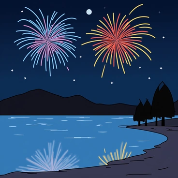 A calm night scene by a lake under a starry sky. The moonlight reflects softly on the water's surface, where vibrant bursts of colorful fireworks explode above. The fireworks create bright trails of red, blue, and yellow, mirrored in the rippling water below. A few silhouetted trees line the shore, their dark shapes contrasting against the illuminated sky. The overall atmosphere is lively with the energy of the fireworks while maintaining the tranquil setting of the lake.